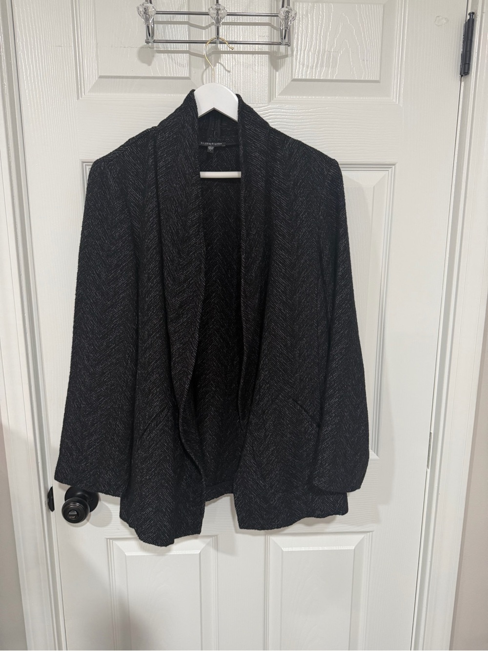 Eileen Fisher Black Wool Blend Herringbone Draped Open Front Blazer Jacket Large